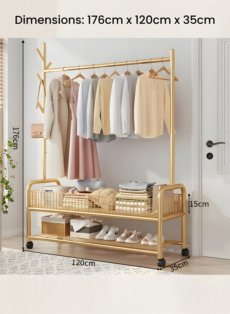 Beauenty 3 in 1 Heavy Duty Metal Rolling Clothes Rack, Gold Minimalist Design, Perfect for Coats, Shirts, Dresses, Bags, Storage & Organization - Image 4