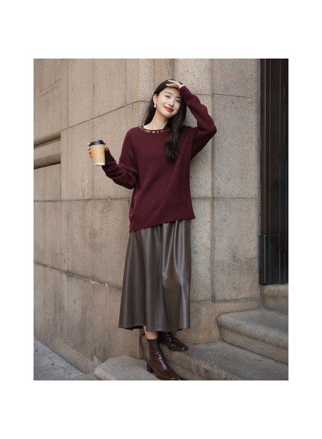 dme Demana 100% Merino Wool Spring Autumn Romantic Urban Crew Neck Handmade Beaded Loose Knit Sweater For Women - Image 2