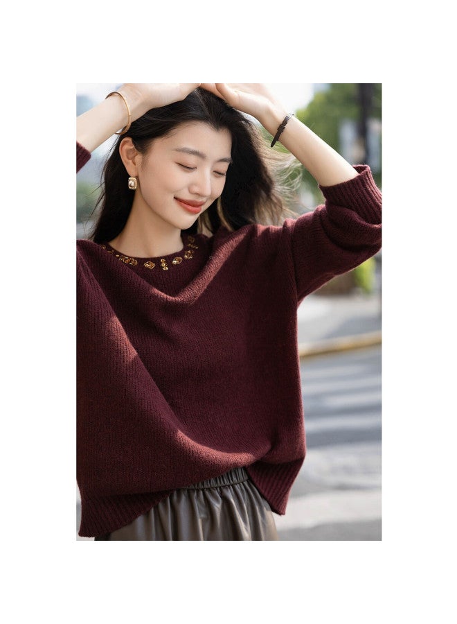 dme Demana 100% Merino Wool Spring Autumn Romantic Urban Crew Neck Handmade Beaded Loose Knit Sweater For Women - Image 5