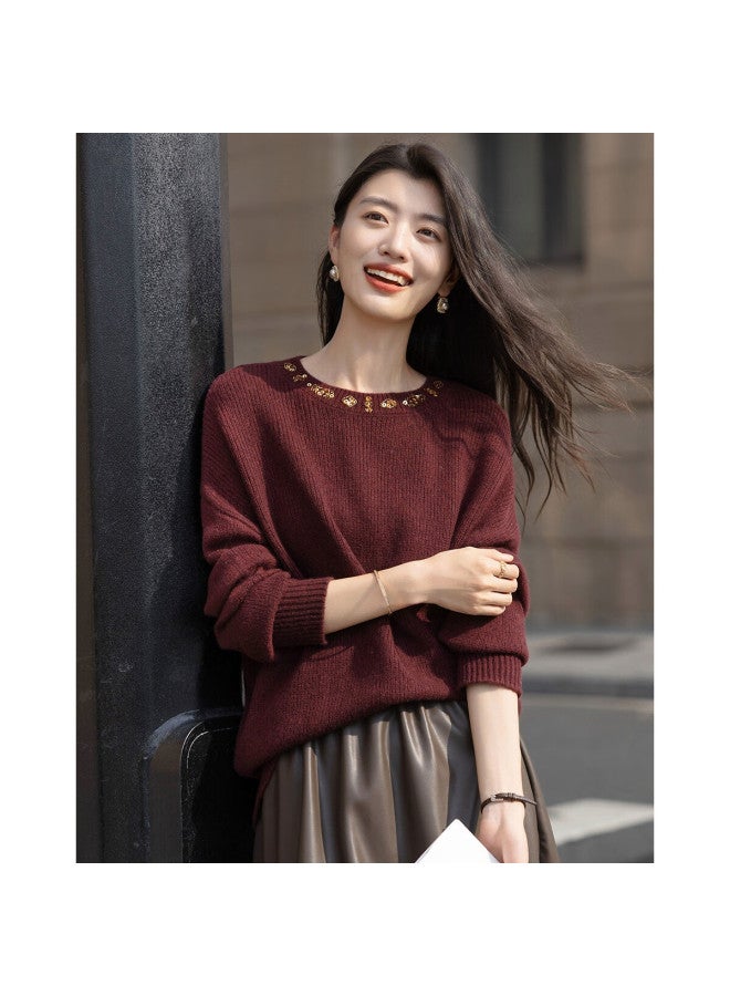 dme Demana 100% Merino Wool Spring Autumn Romantic Urban Crew Neck Handmade Beaded Loose Knit Sweater For Women - Image 4
