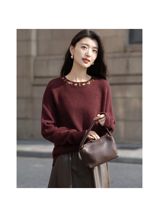 dme Demana 100% Merino Wool Spring Autumn Romantic Urban Crew Neck Handmade Beaded Loose Knit Sweater For Women - Image 1