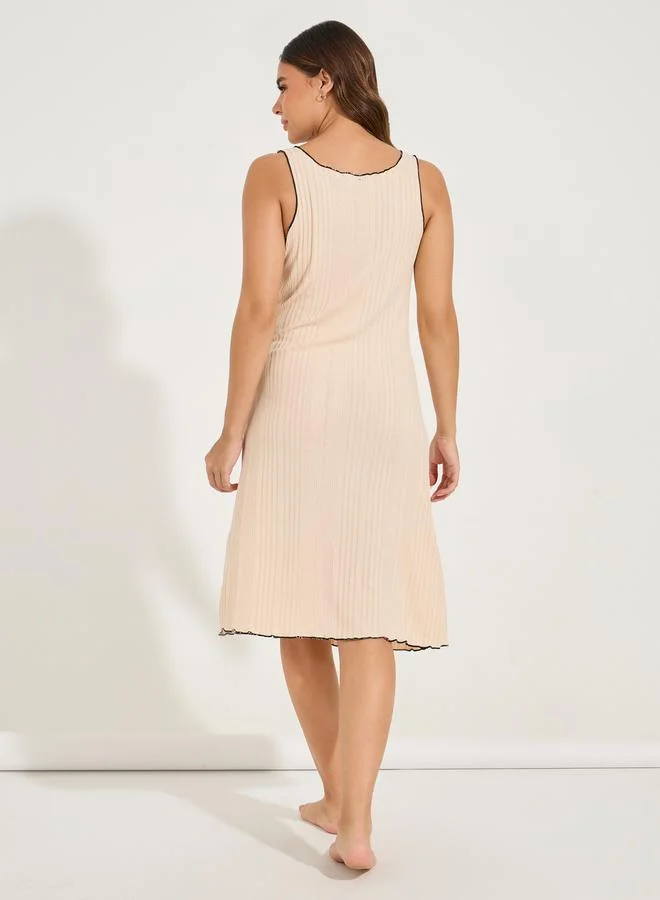 Styli Rib Knit Lettuce Hem Placket Knee Length Night Dress