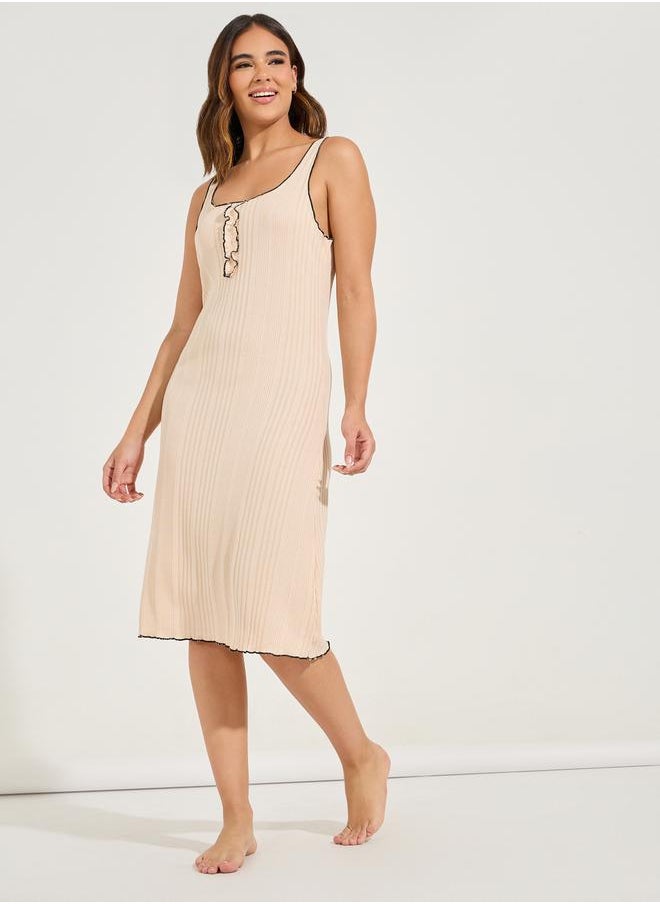 Styli Rib Knit Lettuce Hem Placket Knee Length Night Dress  - Image 2