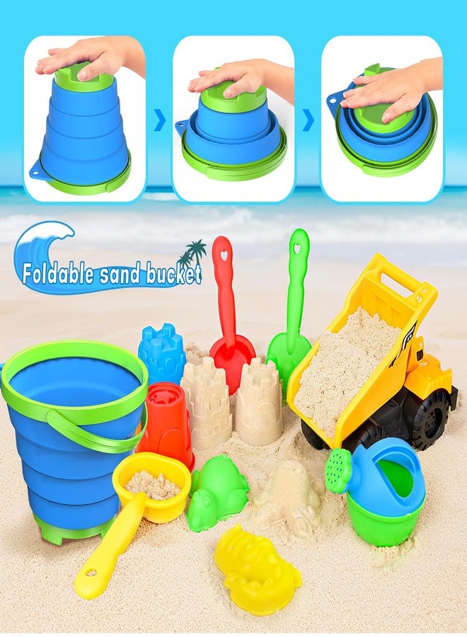 Fegalop Beach Toys, 14Pcs Sand Toys with Construction Vehicle and Collapsible Beach Bucket, Animal Sand Mold Sets, Watering Can,Shovel Set with Mesh Bag,Summer Outdoor Play Travel Sandbox Gift for Boys Girls - Image 3