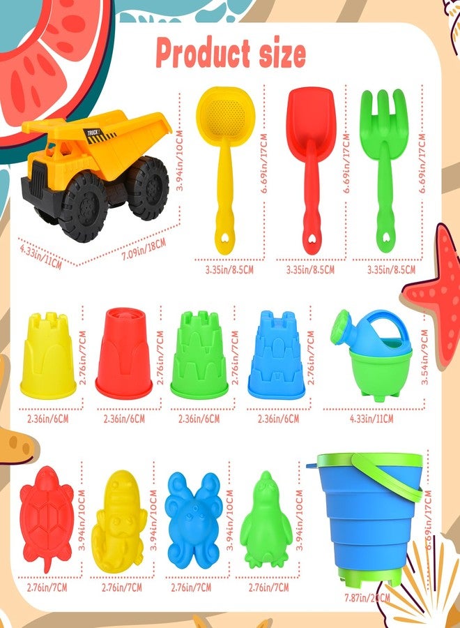 Fegalop Beach Toys, 14Pcs Sand Toys with Construction Vehicle and Collapsible Beach Bucket, Animal Sand Mold Sets, Watering Can,Shovel Set with Mesh Bag,Summer Outdoor Play Travel Sandbox Gift for Boys Girls - Image 2