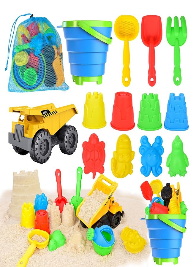 Fegalop Beach Toys, 14Pcs Sand Toys with Construction Vehicle and Collapsible Beach Bucket, Animal Sand Mold Sets, Watering Can,Shovel Set with Mesh Bag,Summer Outdoor Play Travel Sandbox Gift for Boys Girls - Image 1