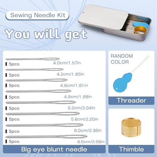 TLKKUE 100/40 Pcs Large-Eye Blunt Needles, Tapestry Needle with Needle Threader Thimble, Steel Yarn Needles for Sewing Knitting Crafting Weaving Crochet Tapestry (Silver, 8 sizes/40 pcs) - Image 2
