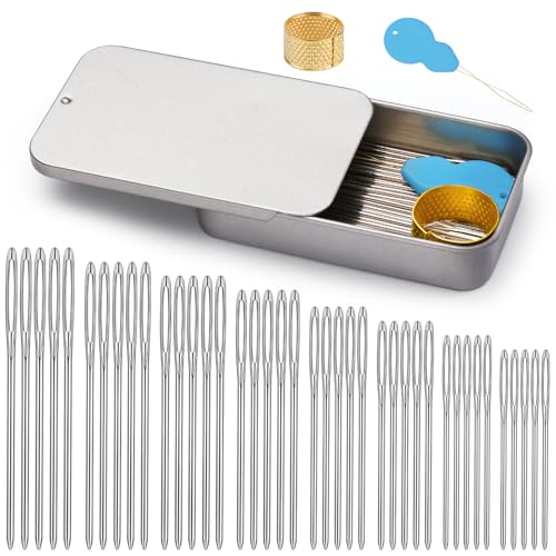 TLKKUE 100/40 Pcs Large-Eye Blunt Needles, Tapestry Needle with Needle Threader Thimble, Steel Yarn Needles for Sewing Knitting Crafting Weaving Crochet Tapestry (Silver, 8 sizes/40 pcs) - Image 1