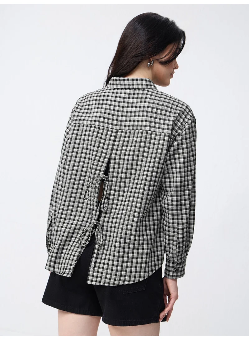 ذا سوليد ستور The Souled Store Classic Line: Plaid Shirt Women and Girls Full Sleeves Spread Collar Black and White Embroidered Cotton Regular Fit Lightweight All-Season Shirt for Casual Wear
