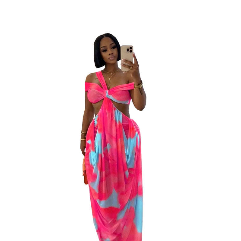 Women's Off-Shoulder Slim Fit Colour Blocked Vacation Dress - Image 2