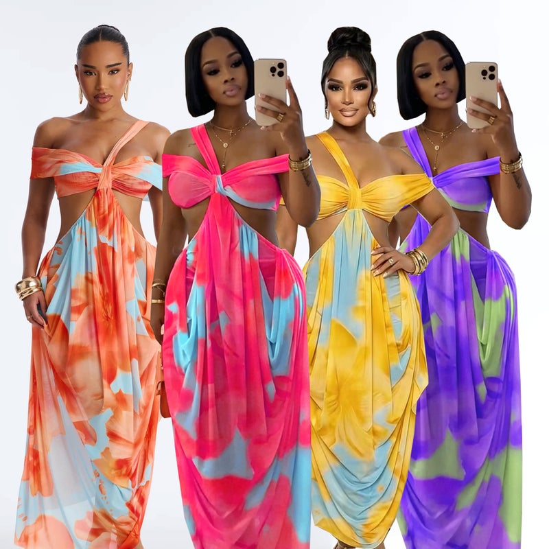 Women's Off-Shoulder Slim Fit Colour Blocked Vacation Dress - Image 1