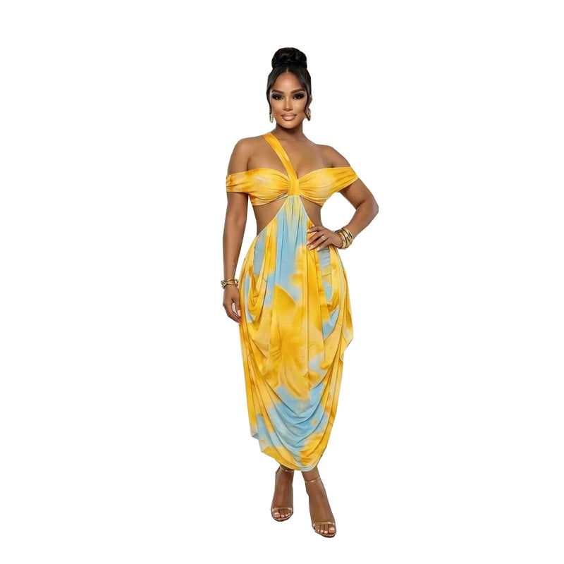 Women's Off-Shoulder Slim Fit Colour Blocked Vacation Dress - Image 4
