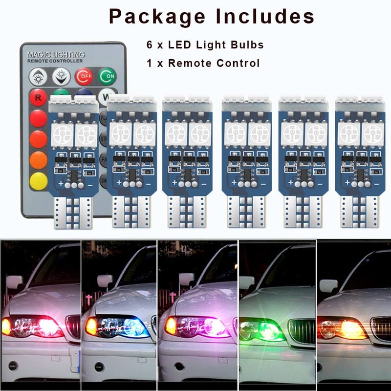 Cottonbell 194 W5W 168 RGB T10 LED Light Bulb with Remote Control Atmosphere Lights for Car Interior/Map/Dome/Door/License Plate Light Courtesy Lights 6 pack - Image 4