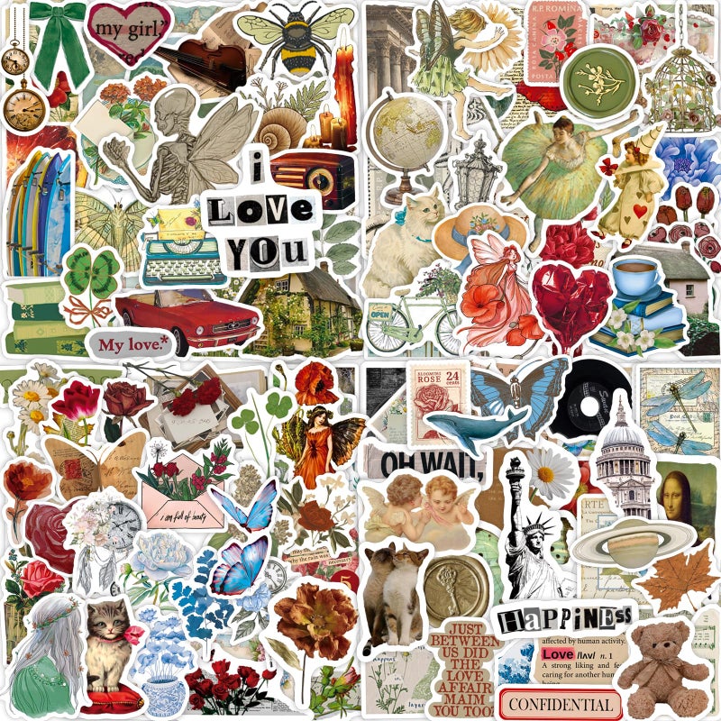 Airnogo Vintage Stickers 200 Pcs Cute Aesthetic Retro Sticker Pack, Waterproof Vinyl Stickers for Water Bottles Laptop Scrapbooking Journaling MacBook Suitcase Guitar Notebook Diary Skateboard Scooter etc - Image 1