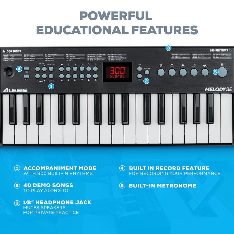 Alesis أليسيز ميلودي 32 - بيانو كهربائي رقمي مع 32 مفتاح، مكبرات صوت، 300 صوت، 300 إيقاع، 40 أغنية، اتصال USB-MIDI ودروس بيانو - Image 4