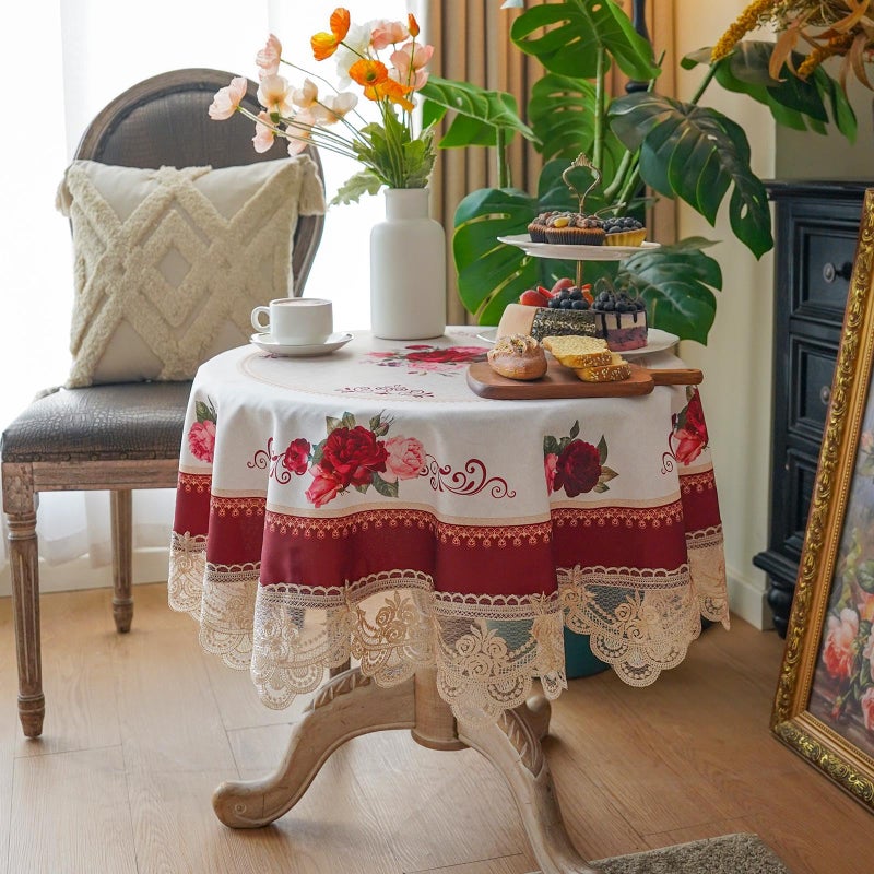 SUTAVIA Lace Embroidered Table ClothRectangular Farmhouse TableCoverClassic Oblong Antique Flower Decor Macrame Tablecloth Burgundy 45 inch Round
