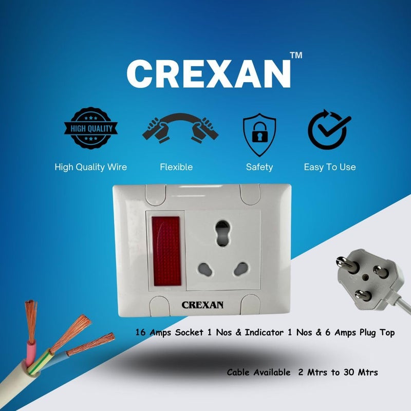 Crexan Extension BoardBox 16A2500W Flexible Extension Board with Power Indicator and 6A16A Socket with Safety Shutter 25 Sqmm 3 Core White Copper Wire 2500 Wattage 16A Small Plug 15 Meter - Image 3