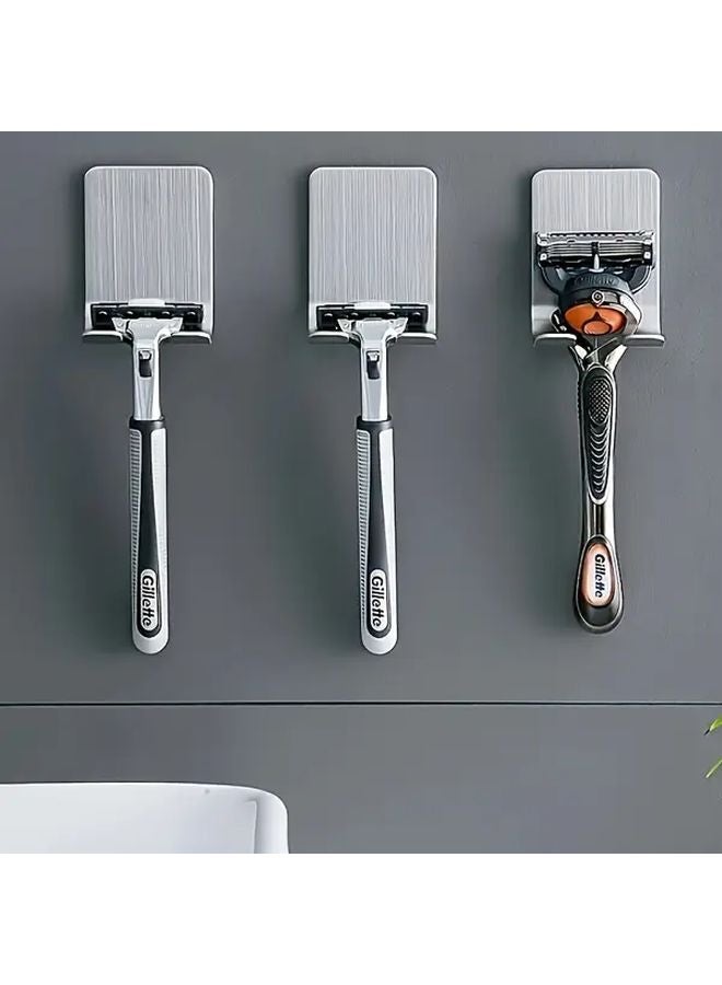 Brushed Stainless Steel No Drill Adhesive Wall Mounted Shaver Holder With Hooks - Image 5