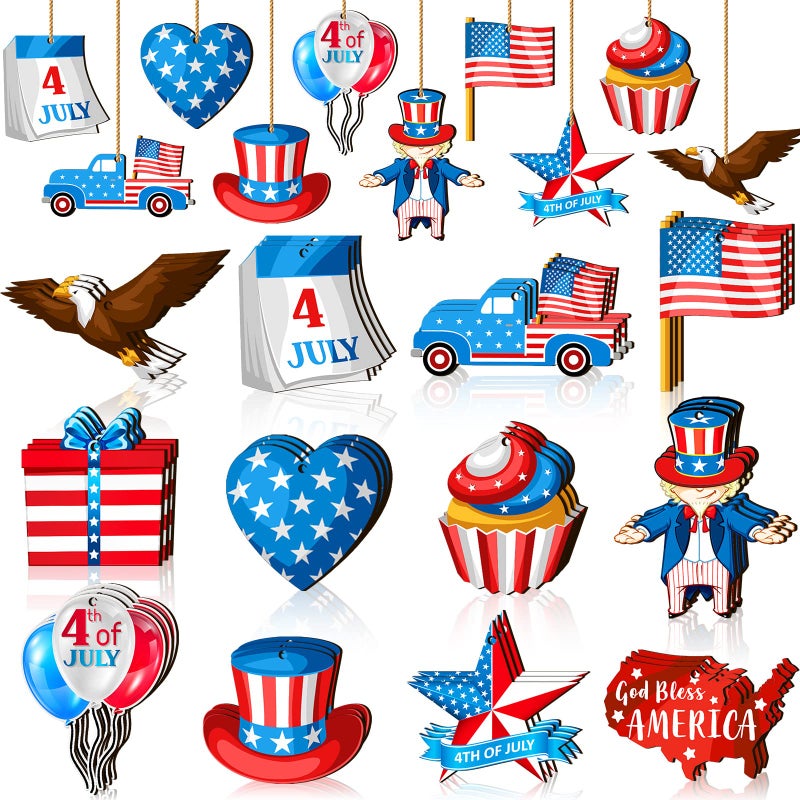 Marsui 36 Pcs Patriotic Hanging Ornaments for Tree 4th of July Wood Decor Labor Day Independence Wooden Ornaments with Ropes Star USA Flag Gnome Red White and Blue Decorations Memorial DayFresh
