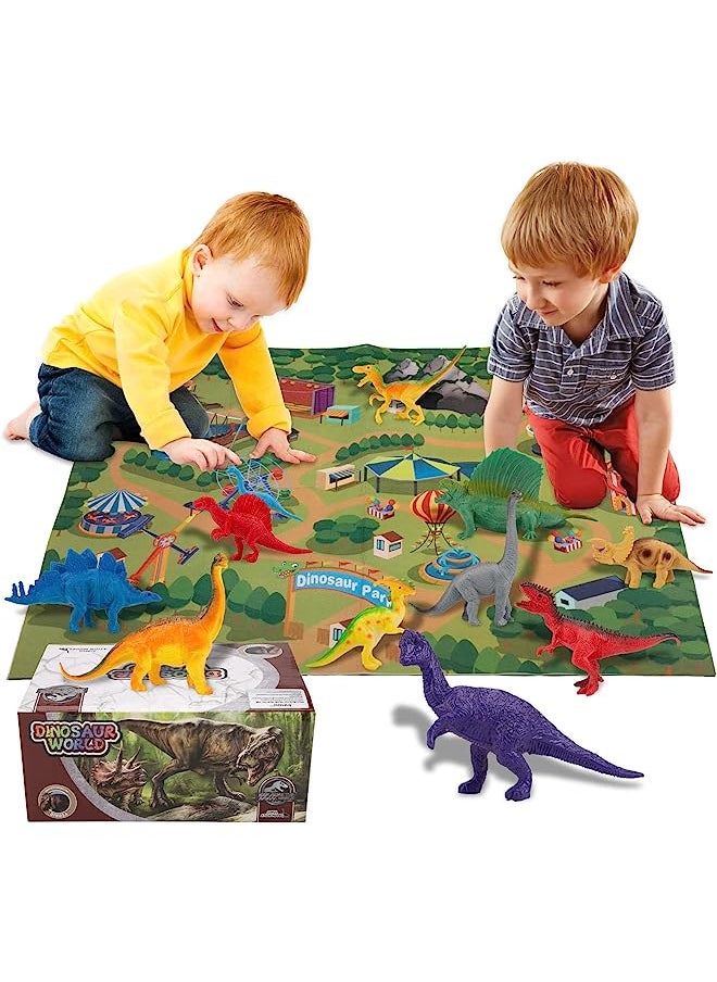 Dinosaur Toys Set, 70 x 80CM Soft Play Mat with 24Pcs Realistic Looking Dinosaurs Including T-Rex, Triceratops, Velociraptor, for Boys Girls Indoor Outdoor Playset to Create a Dino World, G7360