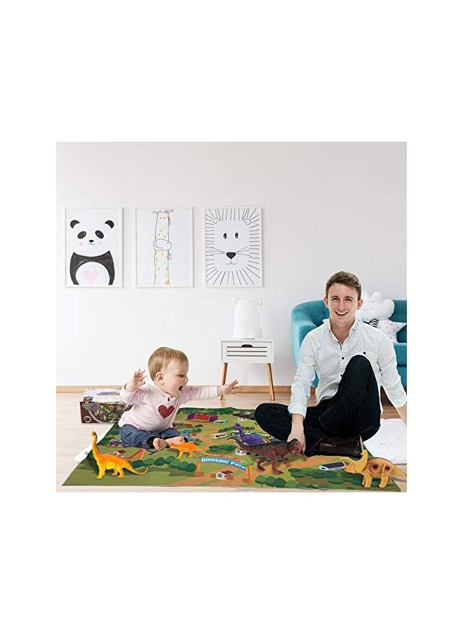 Dinosaur Toys Set, 70 x 80CM Soft Play Mat with 24Pcs Realistic Looking Dinosaurs Including T-Rex, Triceratops, Velociraptor, for Boys Girls Indoor Outdoor Playset to Create a Dino World, G7360
