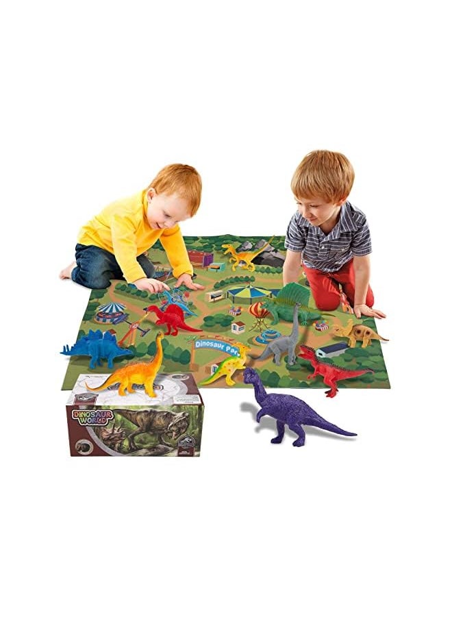 Dinosaur Toys Set, 70 x 80CM Soft Play Mat with 24Pcs Realistic Looking Dinosaurs Including T-Rex, Triceratops, Velociraptor, for Boys Girls Indoor Outdoor Playset to Create a Dino World, G7360