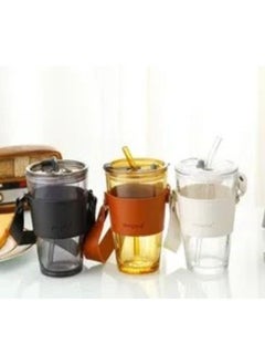 Gorgous Heat Resistant Glass Cup With Leather Cover For Tea Water Coffee Milk Beverages Leak Proof Top Lid and Straw 3pcs White Black Gold  - Image 1