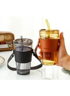Gorgous Heat Resistant Glass Cup With Leather Cover For Tea Water Coffee Milk Beverages Leak Proof Top Lid and Straw 3pcs White Black Gold  - Image 2