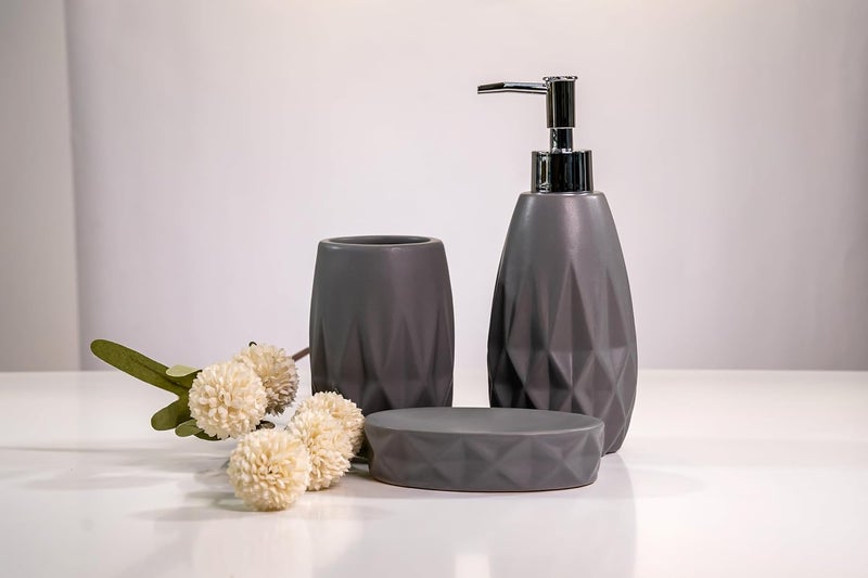 VINCA DECOR مجموعة حمام عصرية رمادية 3 قطع حاملة صابون خزفية رمادية غير لامعة حاملة فرشاة أسنان طبق صابون مع أخاديد هندسية منقوشة ملحقات حمام عصرية لمظهر أنيق - Image 2