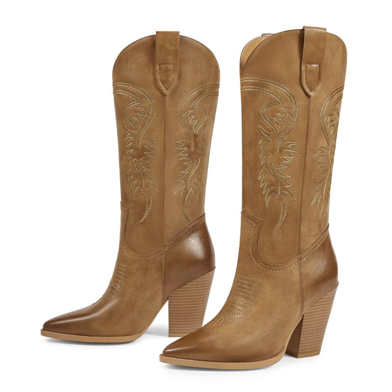 ISNOM Brown Cowboy Boots for Women - Western Cowgirl Knee High Tall Boots - Wide Calf Mid Calf Sizes - Image 4
