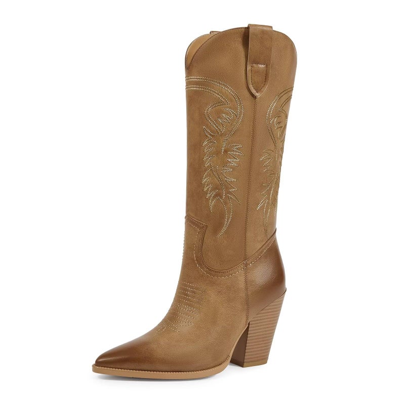 ISNOM Brown Cowboy Boots for Women - Western Cowgirl Knee High Tall Boots - Wide Calf Mid Calf Sizes - Image 1