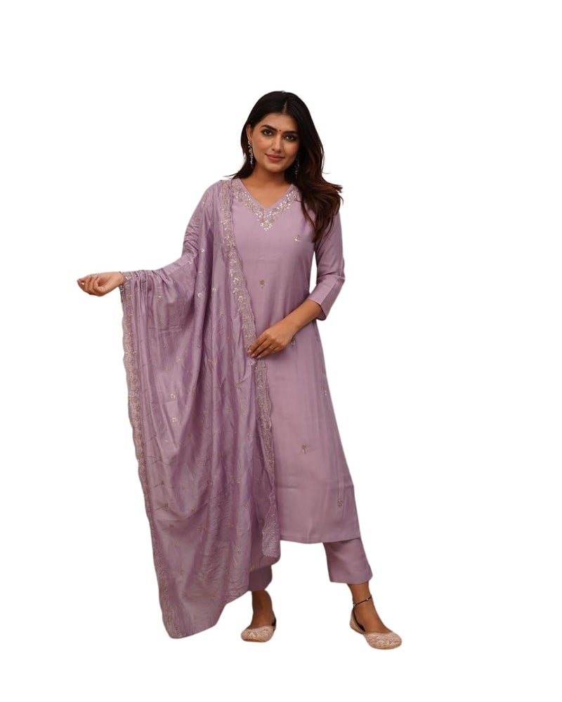 Shiv Textiles Embroidery Onion Kurta Trousers With Dupatta Striped Viscose Silk Blend Three-Quarter Sleeves Kurta Sets For Womens(JD-ZARANA-ONION-XL) - Image 4