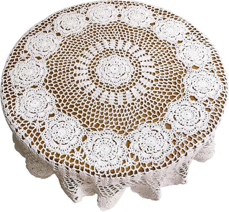 USTIDE 48-inch Handmade Crochet Cotton Tablecloth Round White Crochet Tablecloths Table Covers - Image 1