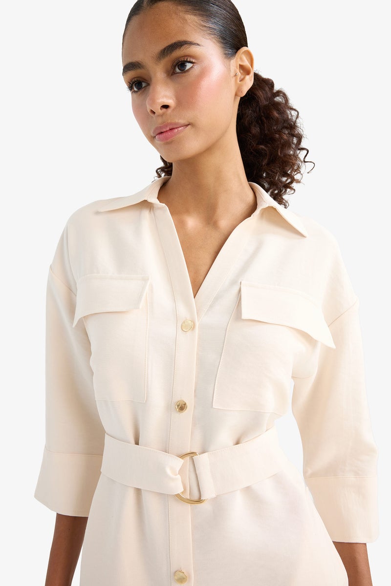 DeFacto Beige Woman Regular Fit Short Sleeve Woven Dress Casual - Image 5