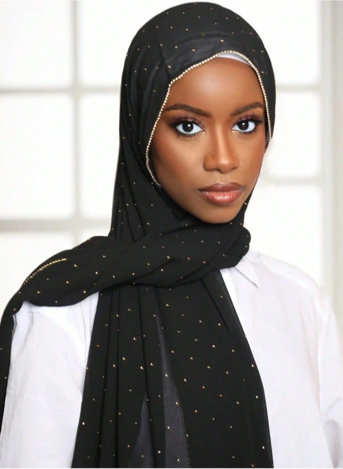 Shawl Hijab Diamond Beaded Bubble Chiffon Scarf, Diamond Shiny Shawl Solid Colour Muslim Cloak Women's Hijab - Image 3