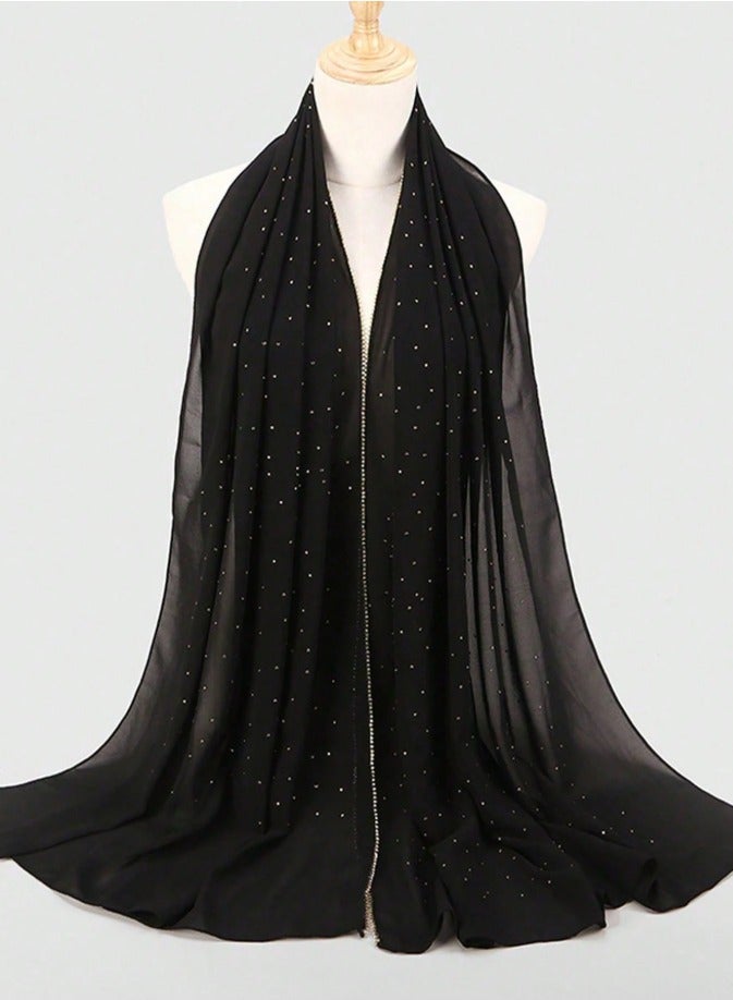 Shawl Hijab Diamond Beaded Bubble Chiffon Scarf, Diamond Shiny Shawl Solid Colour Muslim Cloak Women's Hijab - Image 4