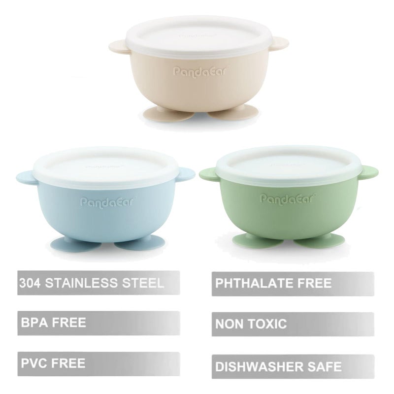 PandaEar 3 Pack Stainless Steel Baby Suction Bowls with Lid, Non-Slip Child Food Bowl with Silicone Sleeve for Kids Toddlers Infants, Unbreakable & Mess Free (Blue Green Brown) - Image 3
