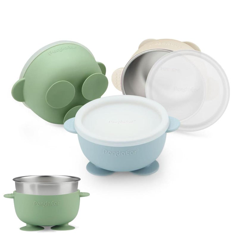 PandaEar 3 Pack Stainless Steel Baby Suction Bowls with Lid, Non-Slip Child Food Bowl with Silicone Sleeve for Kids Toddlers Infants, Unbreakable & Mess Free (Blue Green Brown) - Image 1