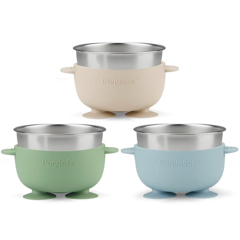 PandaEar 3 Pack Stainless Steel Baby Suction Bowls with Lid, Non-Slip Child Food Bowl with Silicone Sleeve for Kids Toddlers Infants, Unbreakable & Mess Free (Blue Green Brown) - Image 4