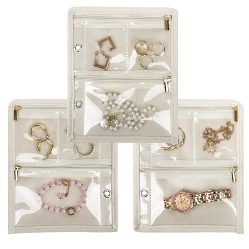 LingLingo Travel Jewelry Organizer Case, Jewelry Bags Jewelry Storage Book Binder with Clear Zipper Velvet Pouch for Traveling,Earrings, Rings, Necklace, Bracelet (Inner Pages,Beige,3 PCS) - Image 1