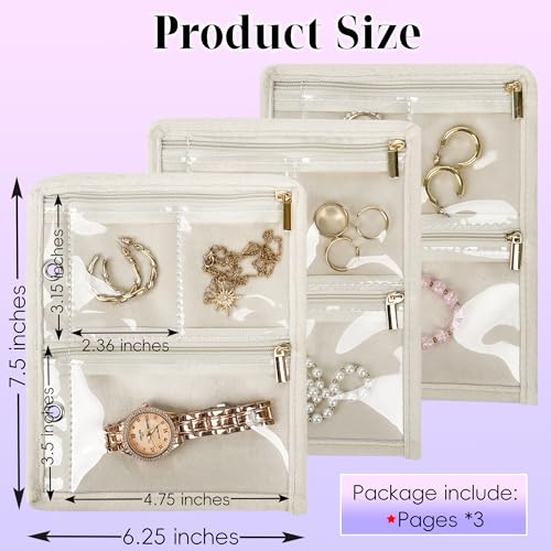 LingLingo Travel Jewelry Organizer Case, Jewelry Bags Jewelry Storage Book Binder with Clear Zipper Velvet Pouch for Traveling,Earrings, Rings, Necklace, Bracelet (Inner Pages,Beige,3 PCS) - Image 2
