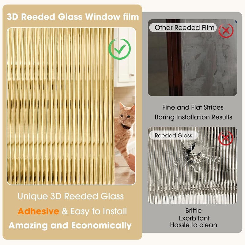 Coavas Window Privacy Film Reeded Glass, Frosted 3D Fluted Glass Window Cling, Adhesive Vinyl Decorative Door Stickers for Bathroom Home Sun Blocking, 17.5 x 78.7 Inch - Image 5