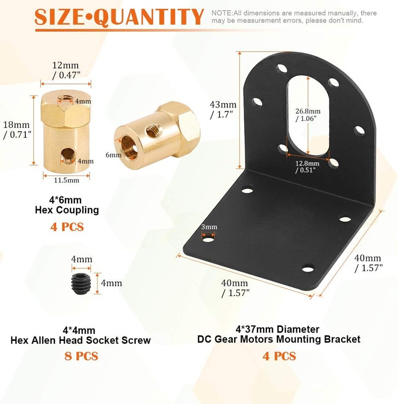 Rustark 4 Pcs 37mm Diameter DC Gear Motors Mounting Bracket Black Rust Resistance Gearbox Fixed Seat Gear Reduction Motor Holder with 4 Pcs 6mm Hex Coupling for Small Stepper Motors - Image 2