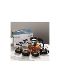 Glass jug set + 4 serving cups * A glass jug with a plastic handle and a stainless steel inner strainer.
