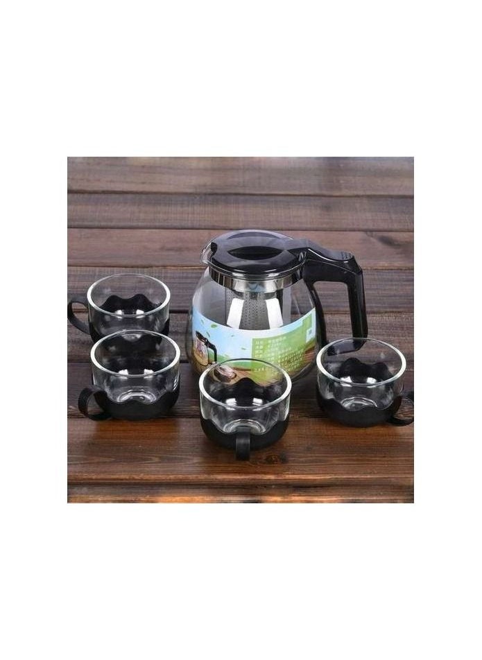 Generic - Glass jug set + 4 serving cups * A glass jug with a plastic handle and a stainless steel inner strainer. - Image 1