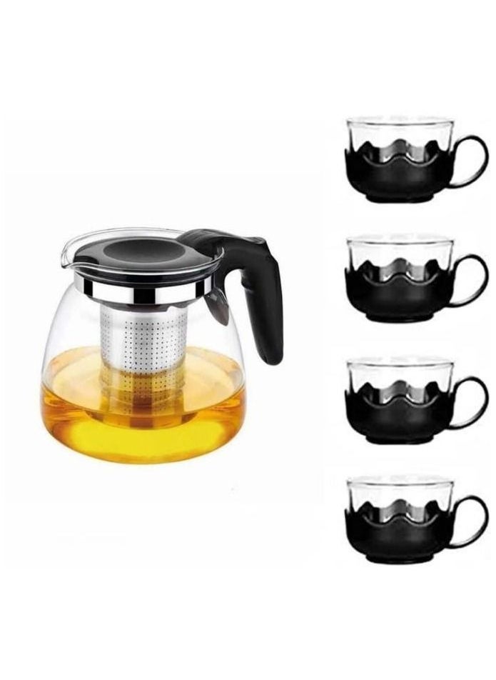 Generic - Glass jug set + 4 serving cups * A glass jug with a plastic handle and a stainless steel inner strainer. - Image 1