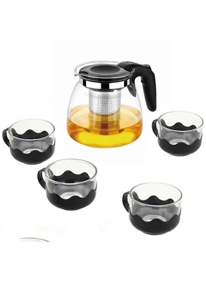 Generic - Glass jug set + 4 serving cups * A glass jug with a plastic handle and a stainless steel inner strainer. - Image 1
