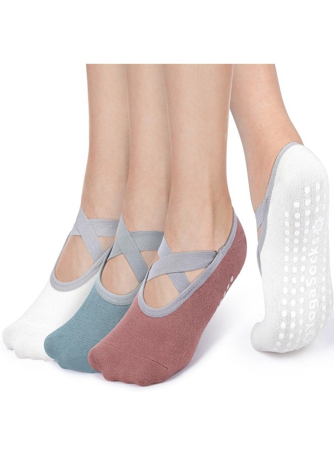 Queenshin Women's Yoga Socks with Non-Slip Grips & Straps Best for Pilates Ballet Dance Hospital Anti-Skid Socks 3 Pairs - Image 1