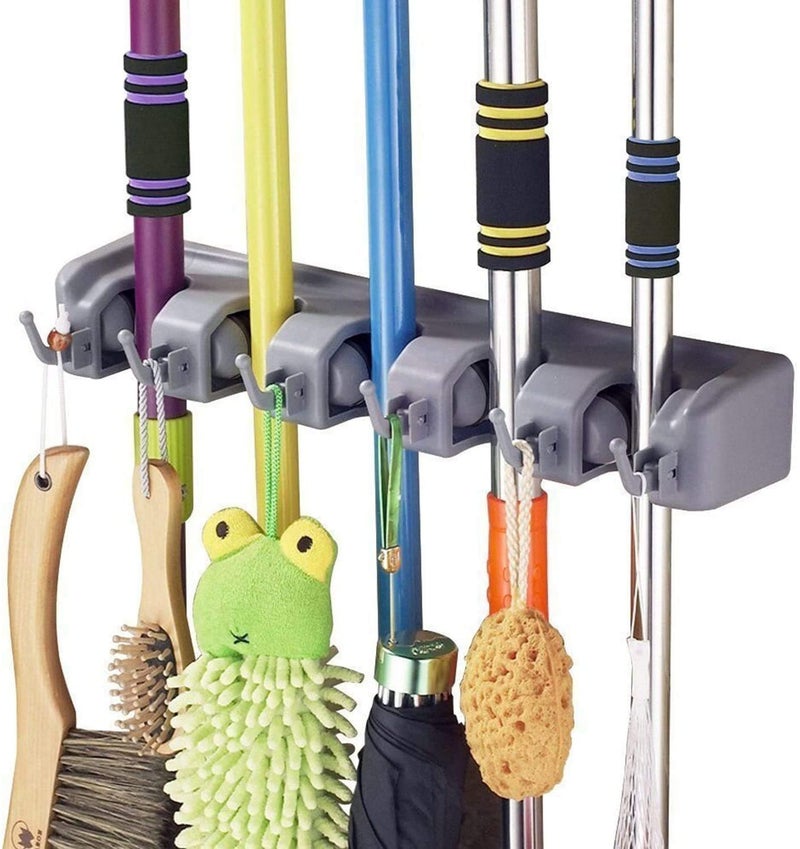 Conziv Magic Plastic Multipurpose Wall Mounted Hanging Organizer Broom Holder Stand 5 Positions with 6 Hooks Garage Storage up to 11 Tools Wall Mounted
