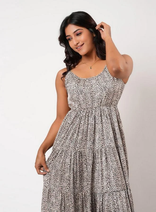 Aadaraya  Aadaraya Sleeveless Tiered Maxi Night Gown with Animal Print for Women | Best Price UAE